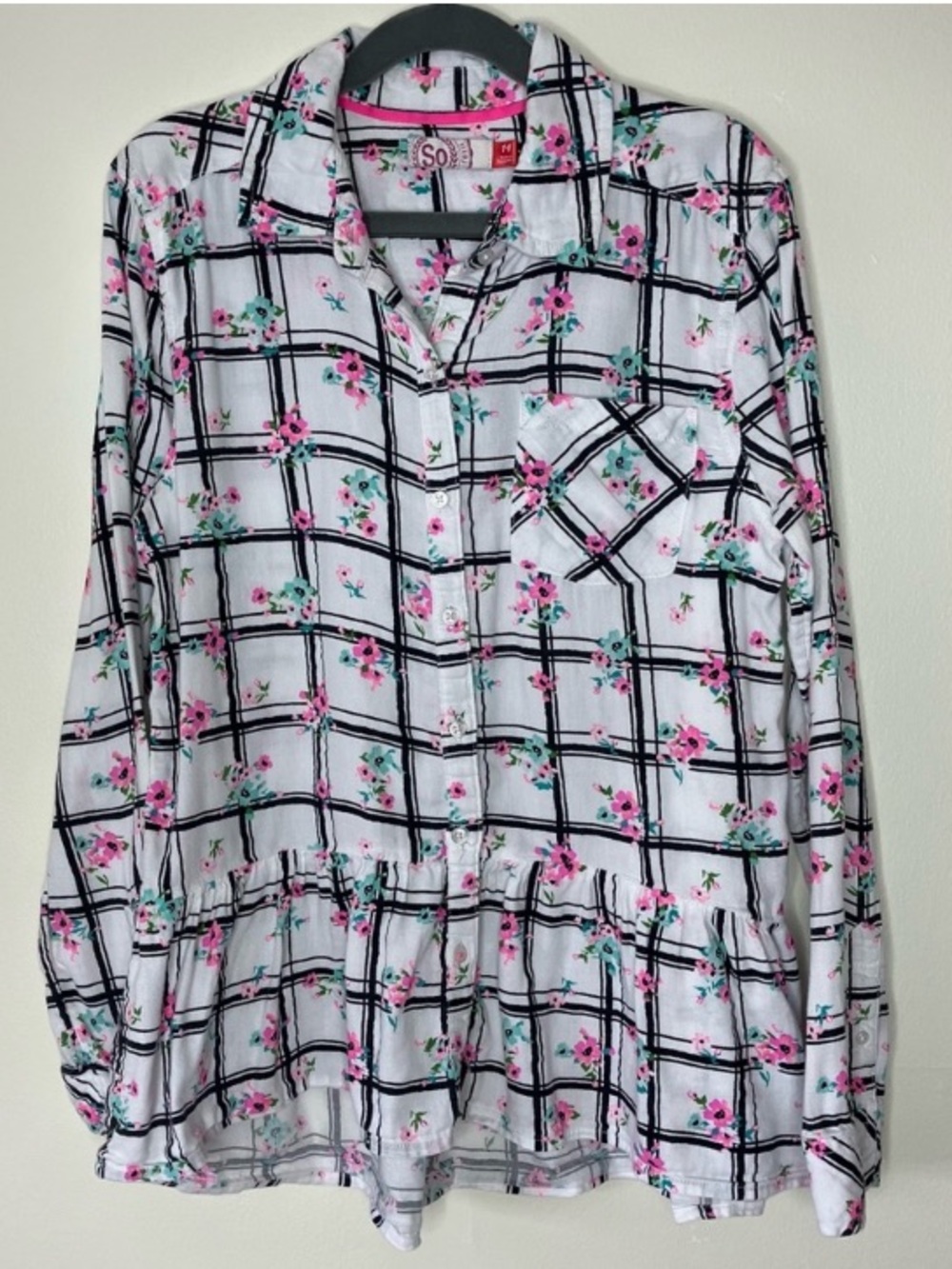SO girls floral checked plaid peplum ruffle button down shirt 14